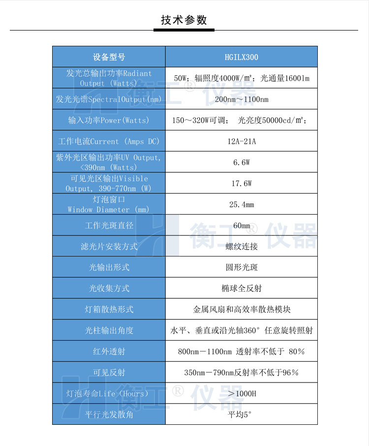 北京衡工儀器HGILX300紫外增強氙燈光源